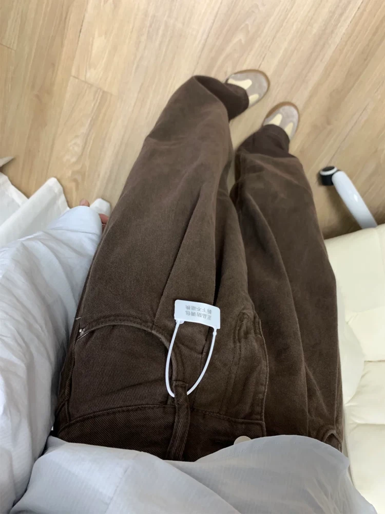 Quần jean ống đứng màu nâu dành cho nữ, kiểu dáng mùa xuân mới, cỡ lớn, lưng cao, dáng rộng, xếp nếp, giảm béo, quần ống rộng hẹp