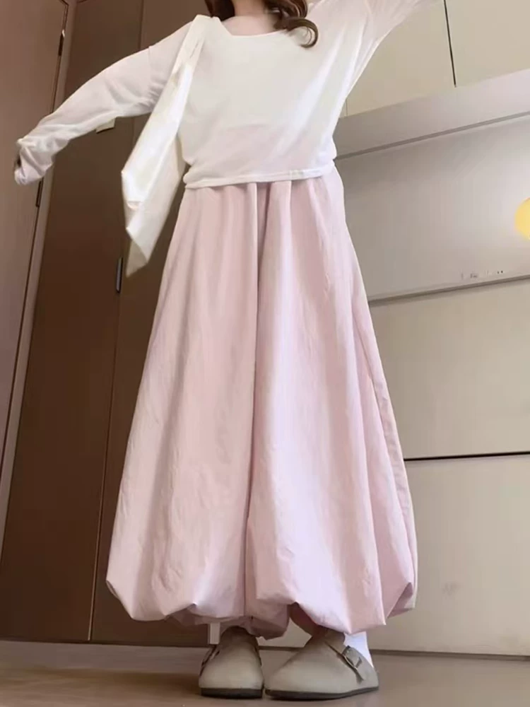 Váy hoa màu hồng dành cho nữ, cỡ lớn mùa hè, nhỏ nhắn, cỡ lớn, lưng cao, dáng rộng, quần đèn lồng thon gọn, quần ống rộng thông thường.