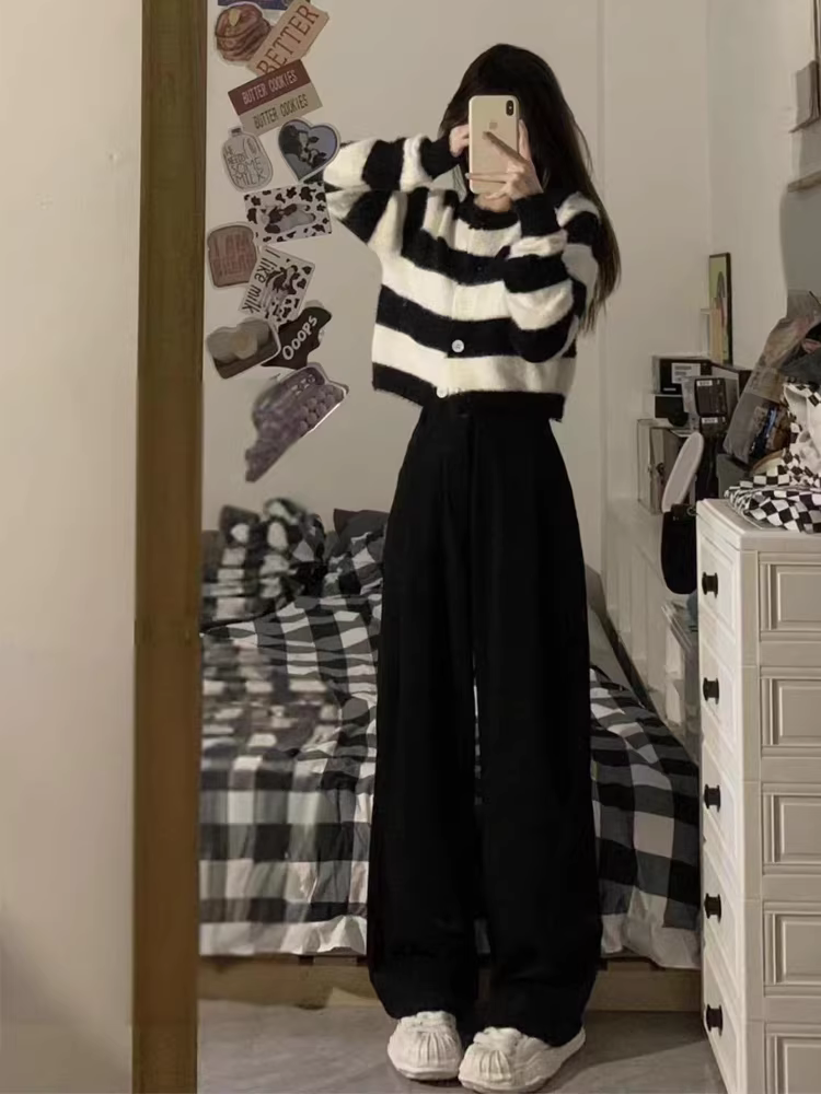 Quần tây đen nữ, kiểu thu mới, size lớn, cạp cao, dáng suôn, tôn dáng, quần thường ngày, dáng quả lê, quần ống rộng.