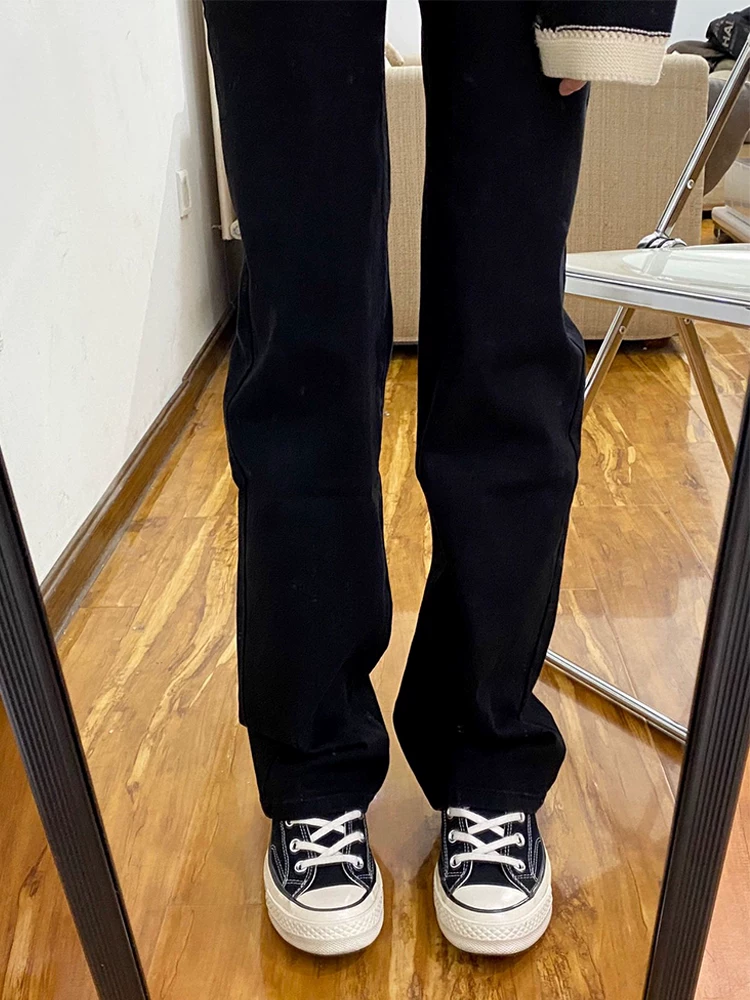 Quần jean đen ống thẳng cho nữ, mặc đầu thu, cỡ lớn, lưng cao, giảm béo, dáng quả lê, quần dài ống rộng hẹp