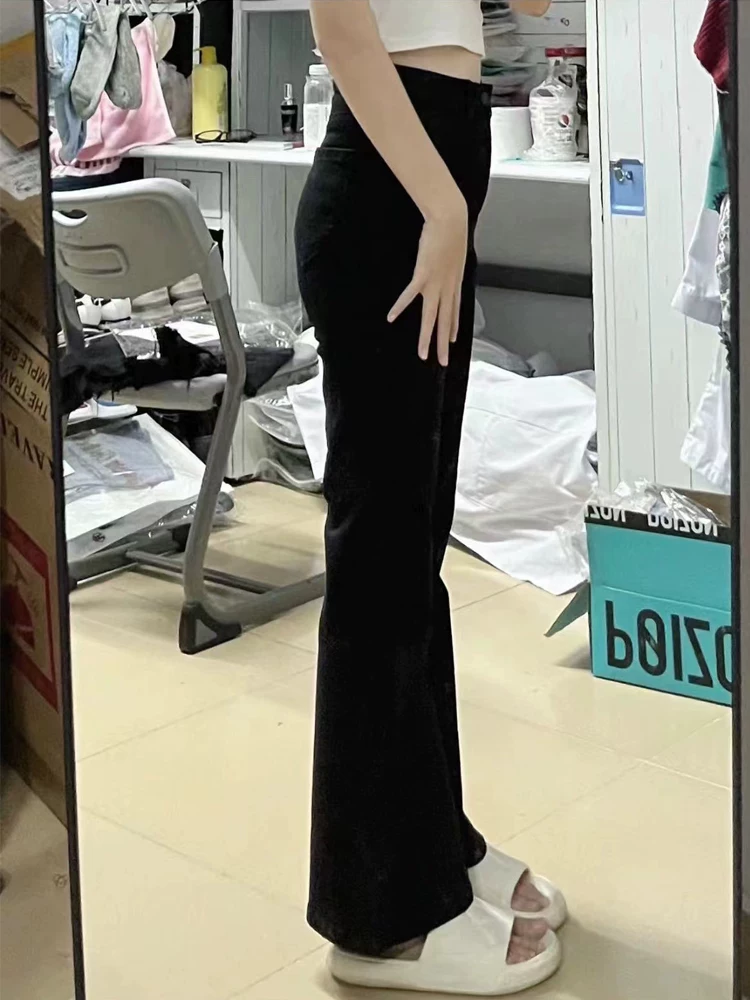 Quần jean ống đứng dáng loe nhỏ nhắn dành cho nữ, kiểu dáng mùa thu mới, cỡ lớn, cạp cao, co giãn, che hông, quần ống chuông tôn dáng.