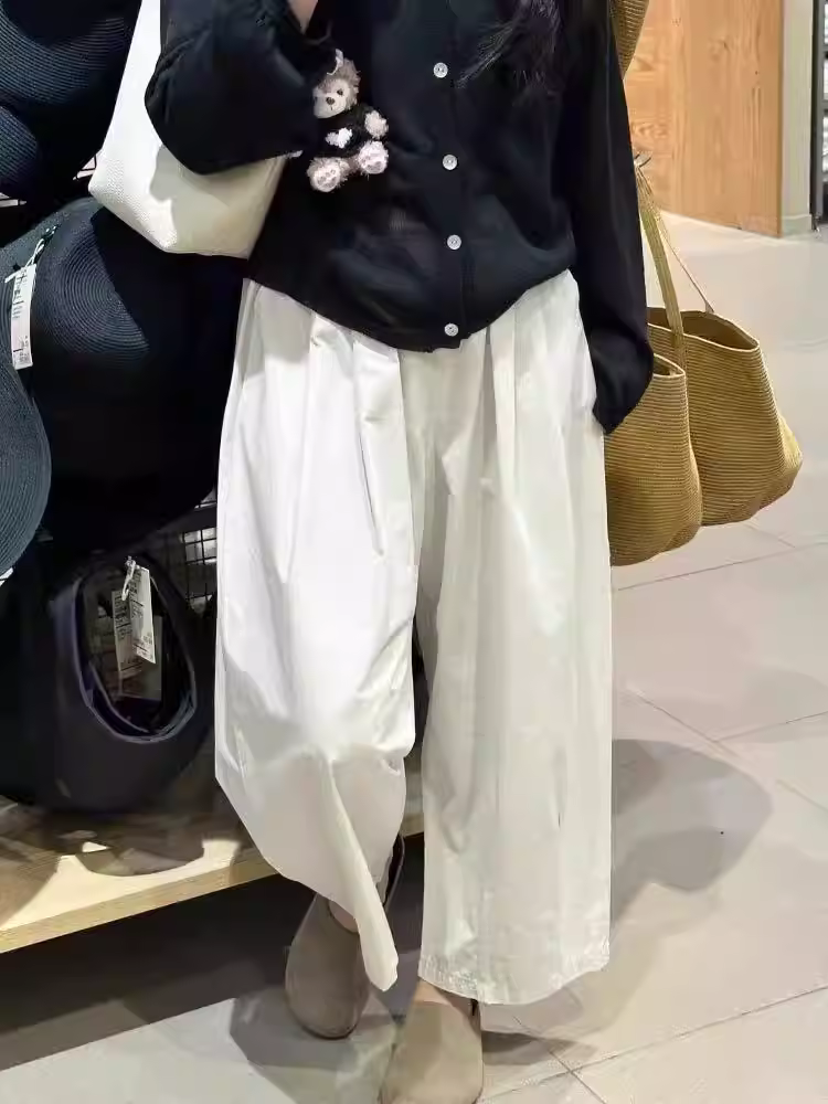 Quần ống rộng màu trắng dành cho nữ, quần Yamamoto kiểu dáng mùa hè mới, cỡ lớn, lưng cao, dáng rộng, dáng suông, quần bóng dáng rộng.