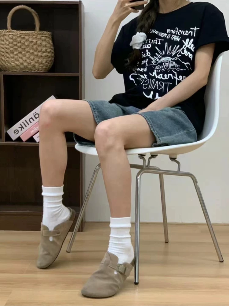 Quần short denim cổ điển hình quả lê dành cho nữ, cỡ lớn mùa hè, lưng cao, dáng rộng, giảm béo, quần ống rộng, quần short dài vừa phải.