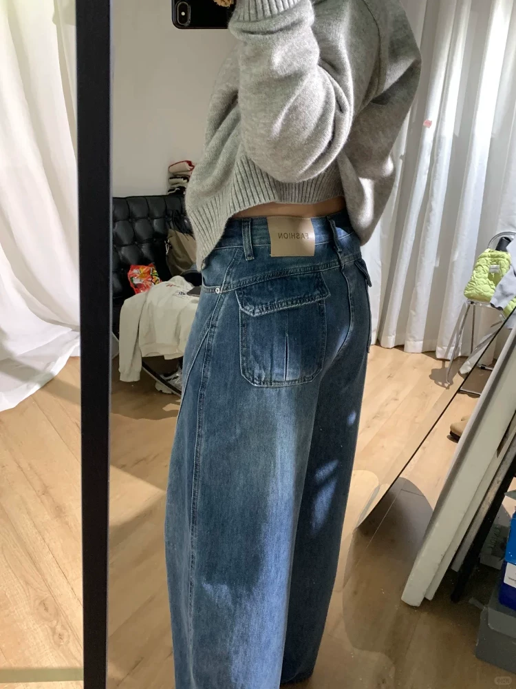 Quần jean ống thẳng màu xanh cổ điển kiểu Mỹ dành cho nữ, mùa thu đông, cỡ lớn, lưng cao, dáng rộng, dáng thon gọn, lót lông cừu, quần ống rộng.