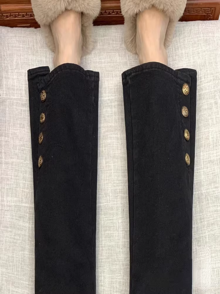 Quần jean nữ dáng chuông, lót lông cừu, dày dặn, ống thẳng hơi loe, size lớn, cạp cao, co giãn, che hông.