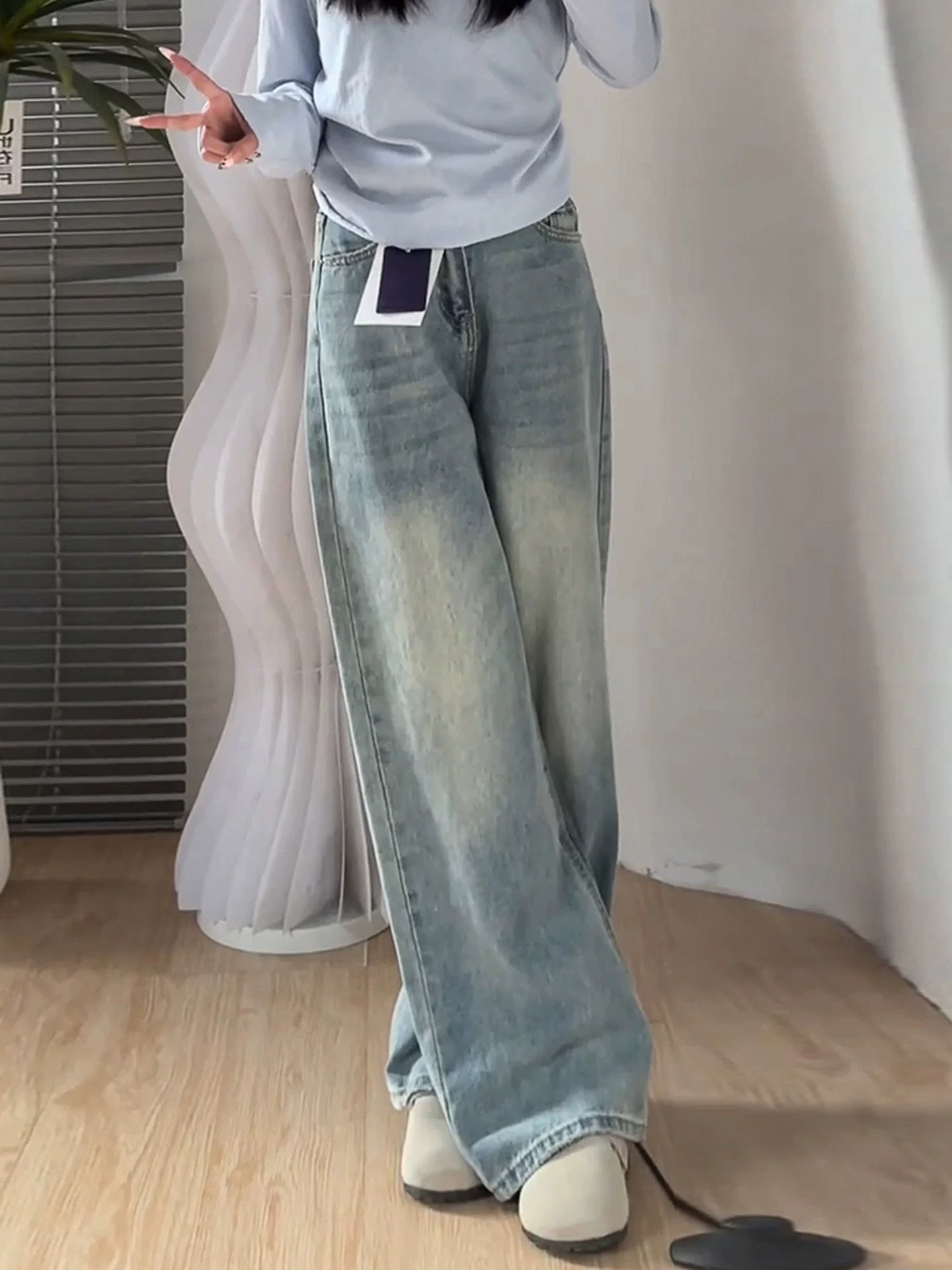 Quần jean ống rộng màu sáng cho nữ, mùa thu, cỡ lớn, lưng cao, dáng rộng, thon gọn, dáng quả lê, ống thẳng, quần dài chạm sàn