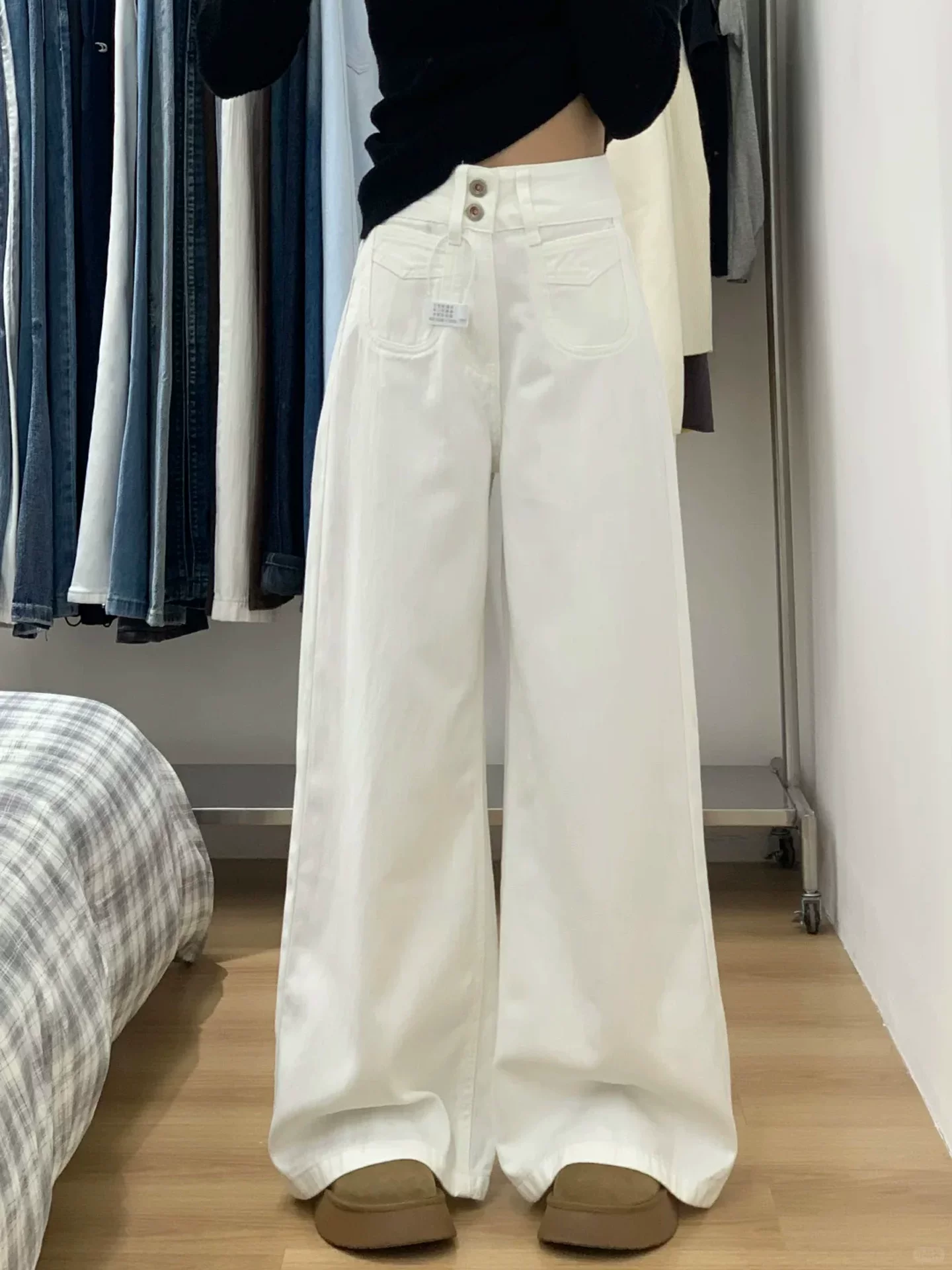 Quần jean trắng ống thẳng dành cho nữ, mặc đầu thu, cỡ lớn, lưng cao, dáng rộng, mềm mại, tôn dáng, quần ống rộng dáng chữ A dài chạm sàn.
