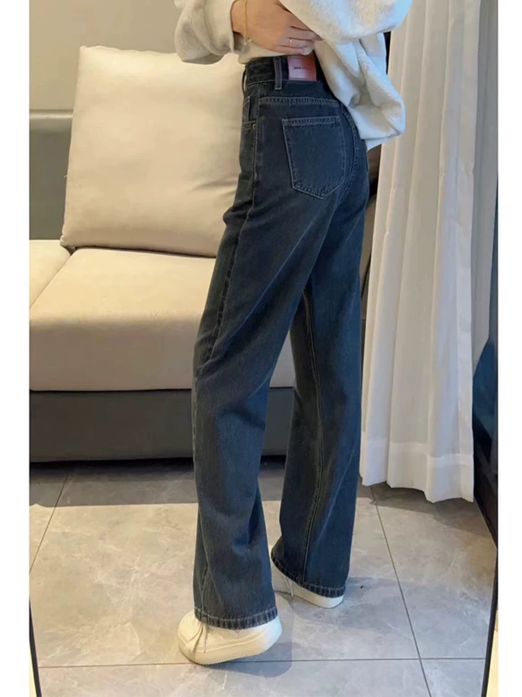 Quần jeans ống đứng màu xanh xám retro Mỹ dành cho nữ, kiểu mới thu đông 2024, quần ống rộng lưng cao dáng rộng tôn dáng, size lớn