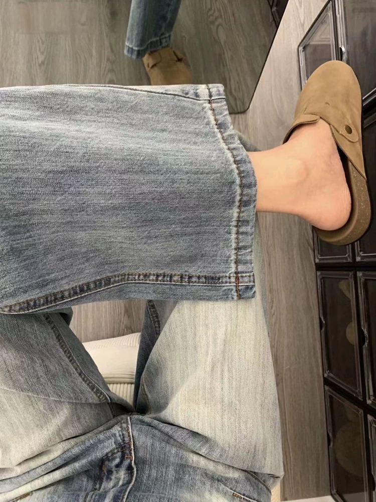 Quần jean ống thẳng kiểu Mỹ cổ điển dành cho nữ, cỡ lớn, phong cách mới đầu thu, lưng cao, dáng rộng, giảm béo, ống rộng, quần dài đến sàn