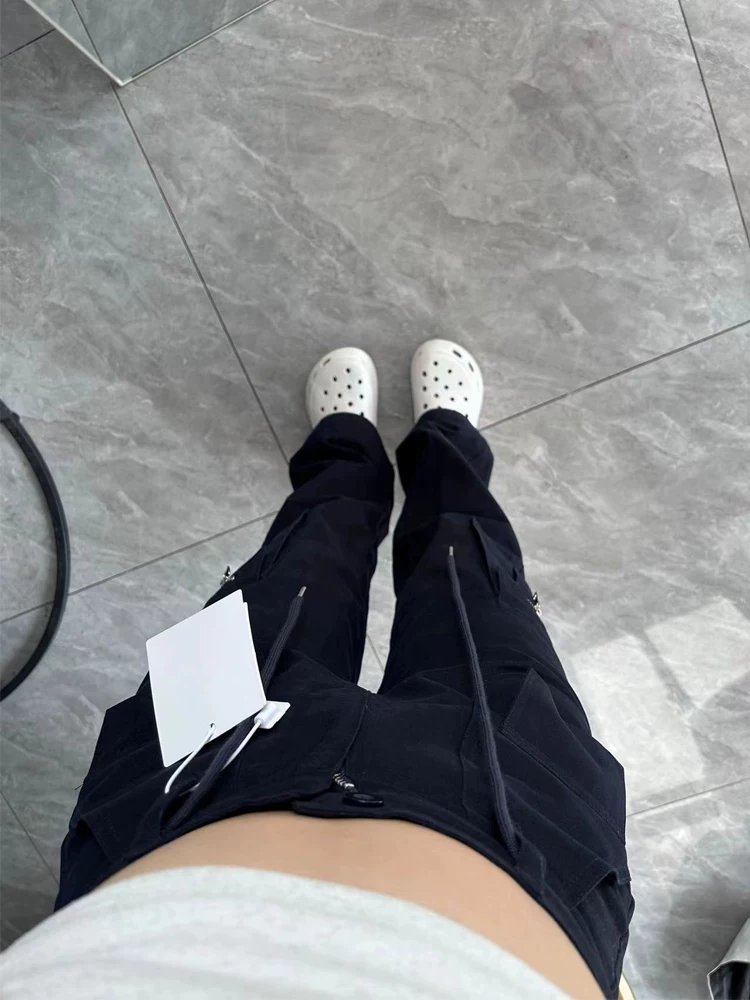 Quần cargo màu xanh hải quân dáng quả lê dành cho nữ, size lớn mùa hè, lưng cao, ống thẳng, dáng rộng, dáng suông, quần ống rộng thông thường