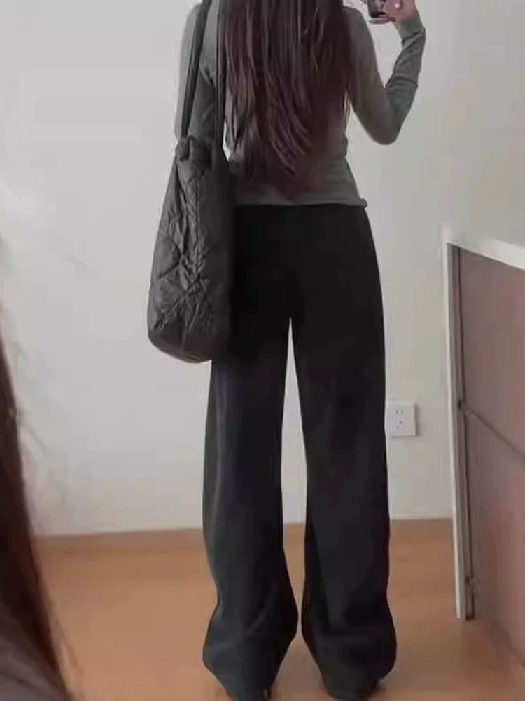 Quần âu nữ ống rộng màu đen, mùa thu đông 2025, lót lông cừu, size lớn, cạp cao, dáng rộng, tôn dáng, quần thể thao ống rộng.