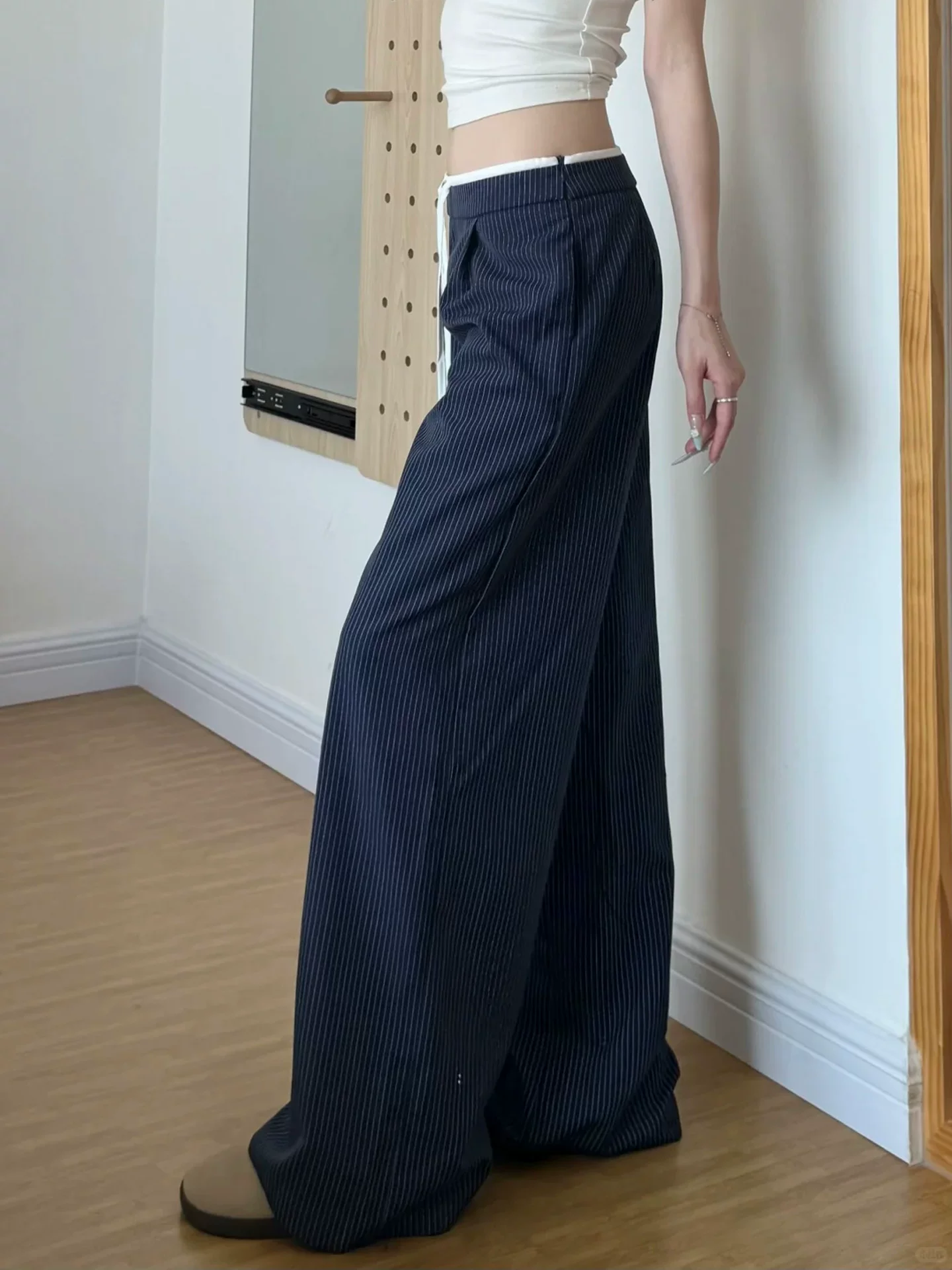 Quần âu phối sọc xanh cho nữ, mùa thu, cỡ lớn, lưng cao, dáng suôn, tôn dáng, dáng quả lê, quần ống rộng