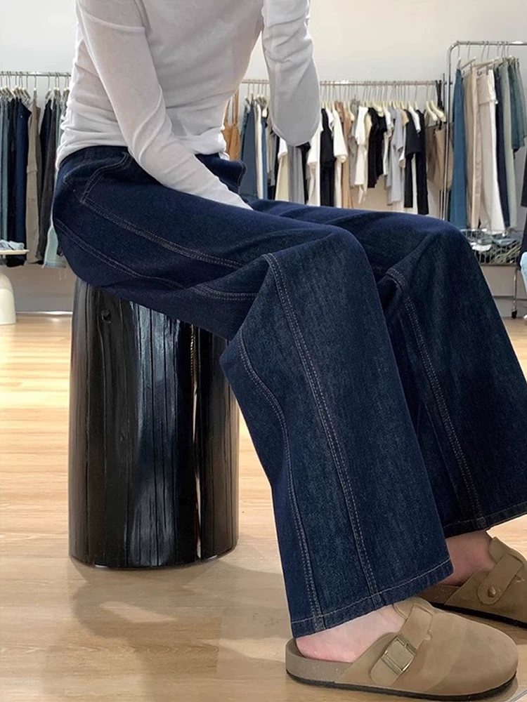 Quần jean ống thẳng màu xanh đậm dành cho nữ có thân hình quả lê, kiểu dáng mùa thu mới, cỡ lớn, lưng cao, dáng rộng, quần ống rộng giúp thon gọn.