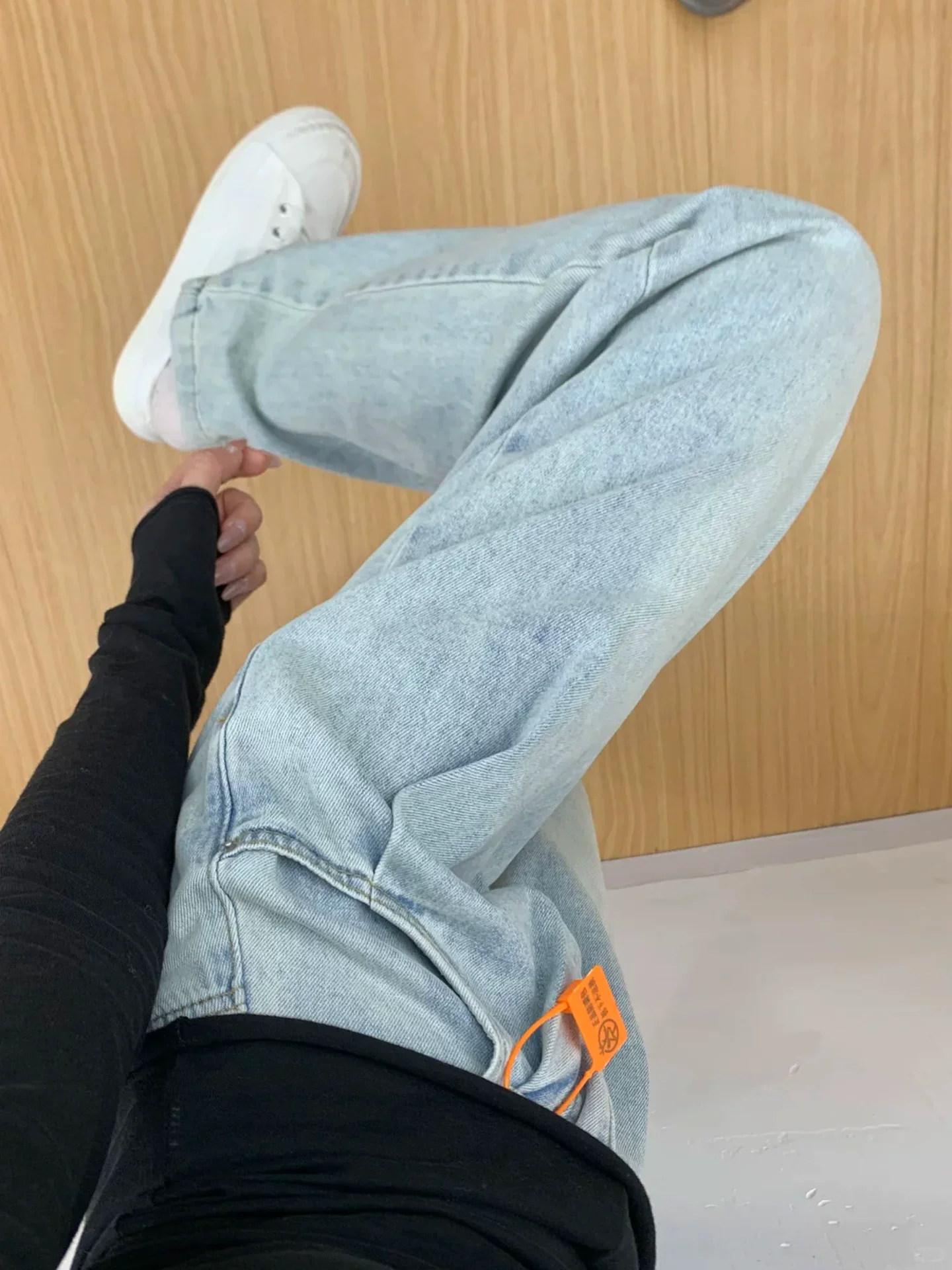 Quần jean ống thẳng màu sáng cho nữ, phong cách đầu thu, cỡ lớn, lưng cao, dáng rộng, che hông, giảm béo, dáng quả lê, quần ống rộng