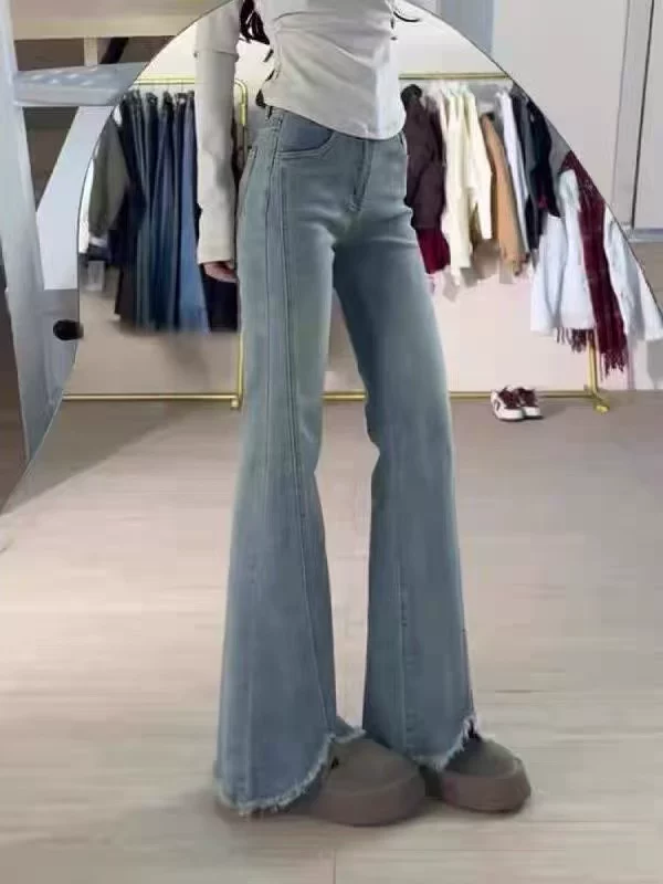 Quần jean ống loe viền thô dành cho nữ, mùa xuân, size lớn, cạp cao, co giãn, che hông, tôn dáng, dành cho người có dáng quả lê, quần ống loe