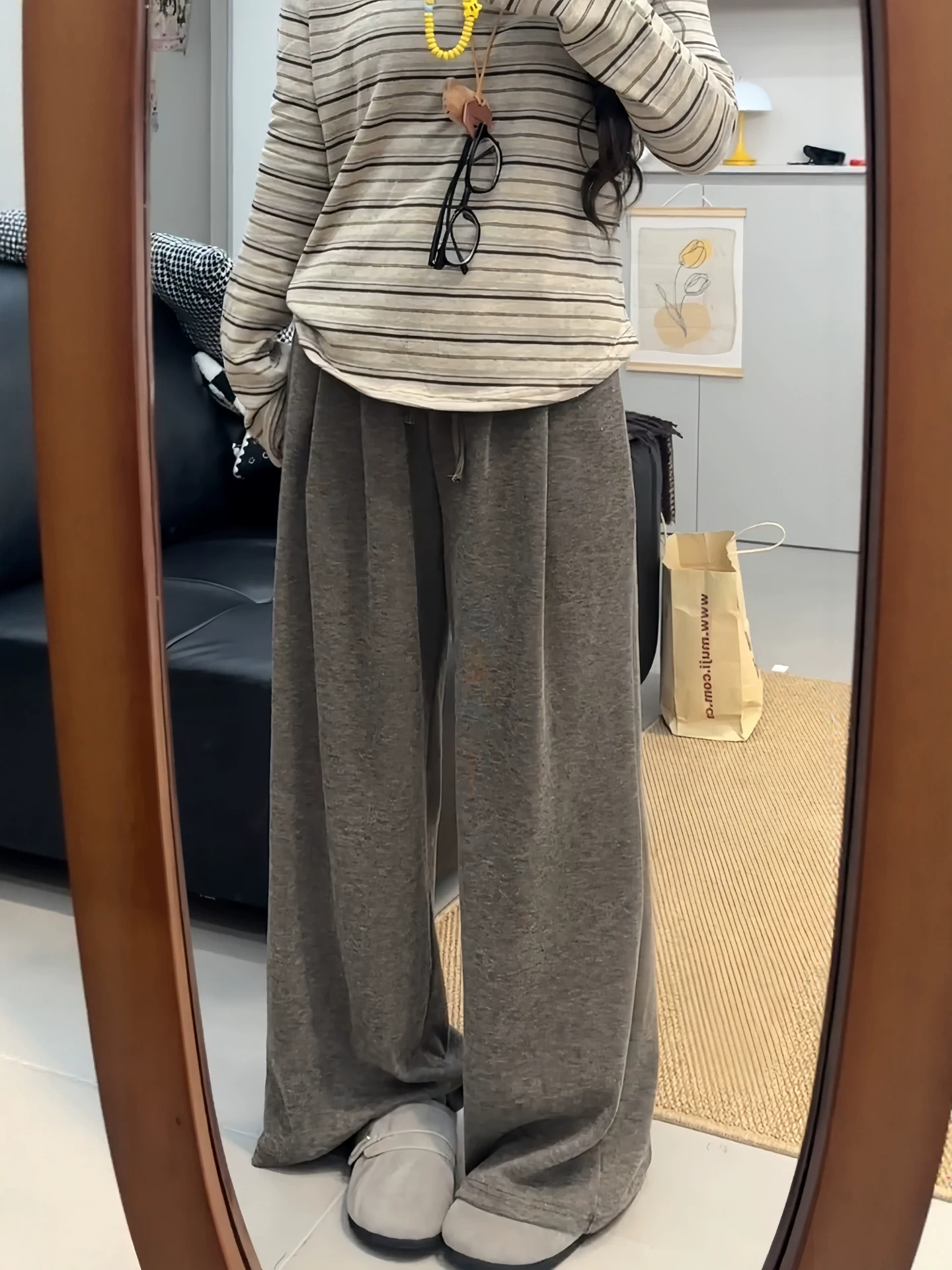 Quần gạo nếp màu cà phê Melard dành cho nữ, cỡ lớn mùa thu, lưng cao, dáng suôn, tôn dáng, phong cách lười biếng, quần dài ống rộng.