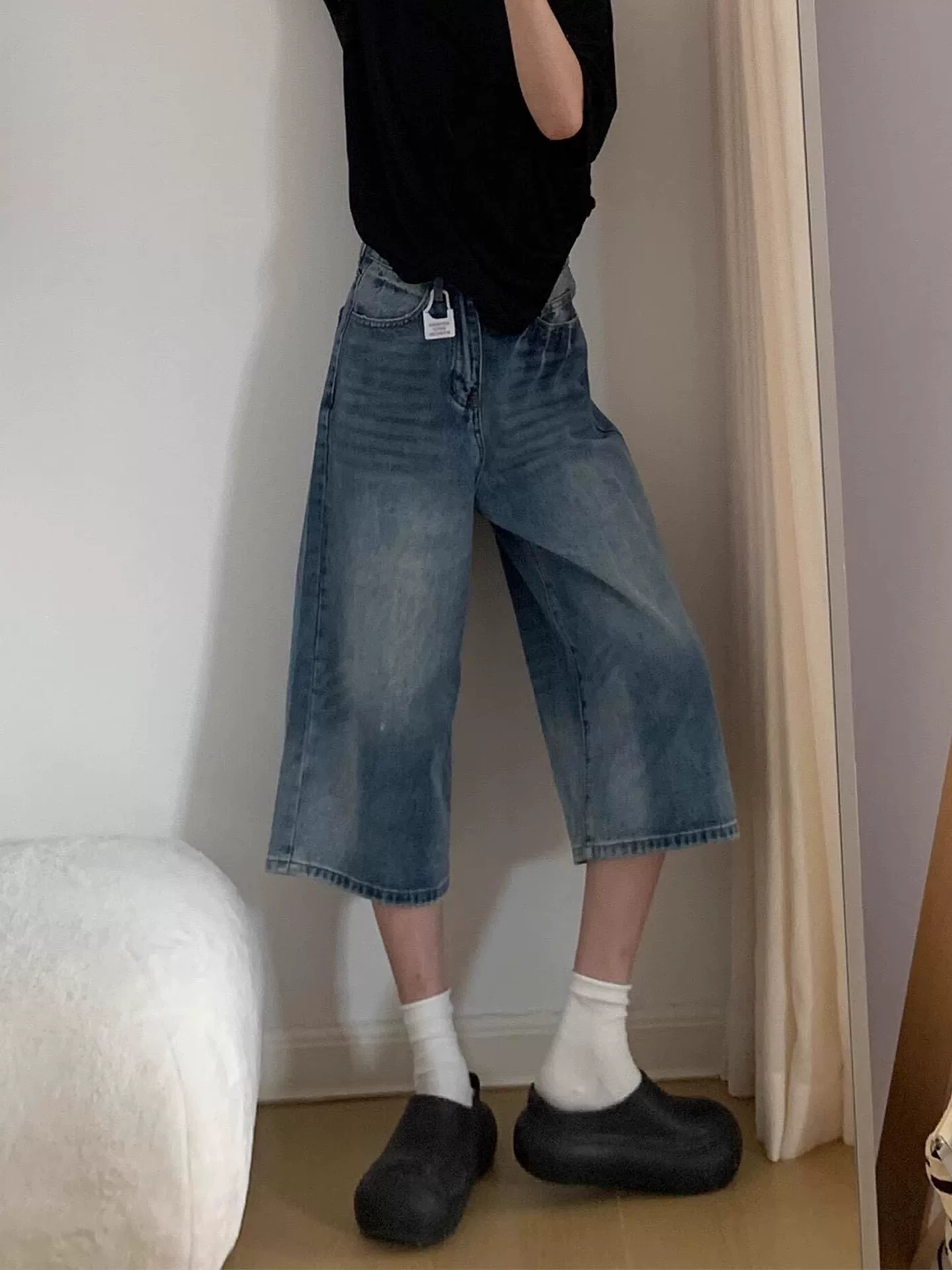 Quần short denim bảy điểm dáng quả lê dành cho nữ, kiểu dáng mỏng mùa hè, cỡ lớn, lưng cao, dáng rộng, giảm béo, quần dài vừa phải ống rộng
