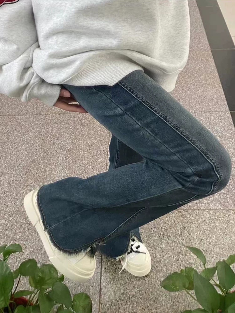 Quần jeans ống đứng xẻ tà dáng rộng dành cho nữ thu đông 2024, size lớn, cạp cao, co giãn, che hông, tôn dáng, kiểu bootcut