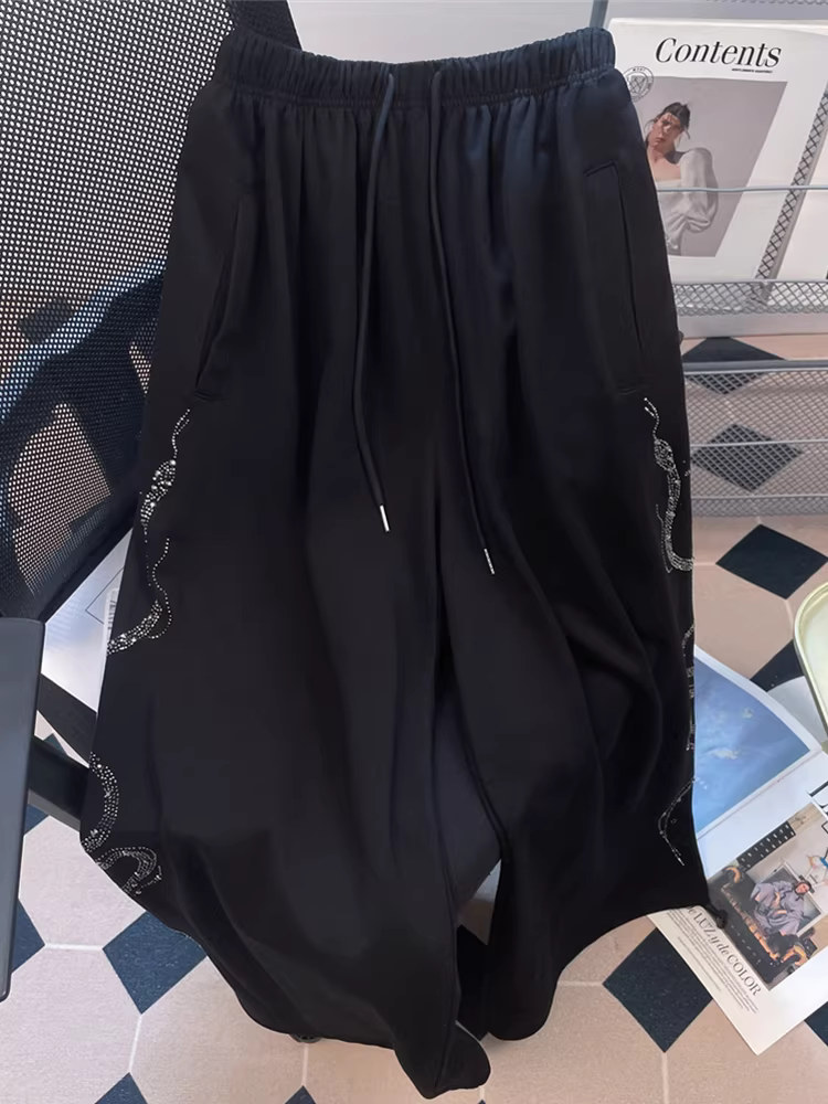 Quần thể thao ống đứng đính đá phong cách Mỹ dành cho nữ, quần ống rộng cổ điển mùa thu, quần dài đi sàn khiêu vũ nhạc jazz