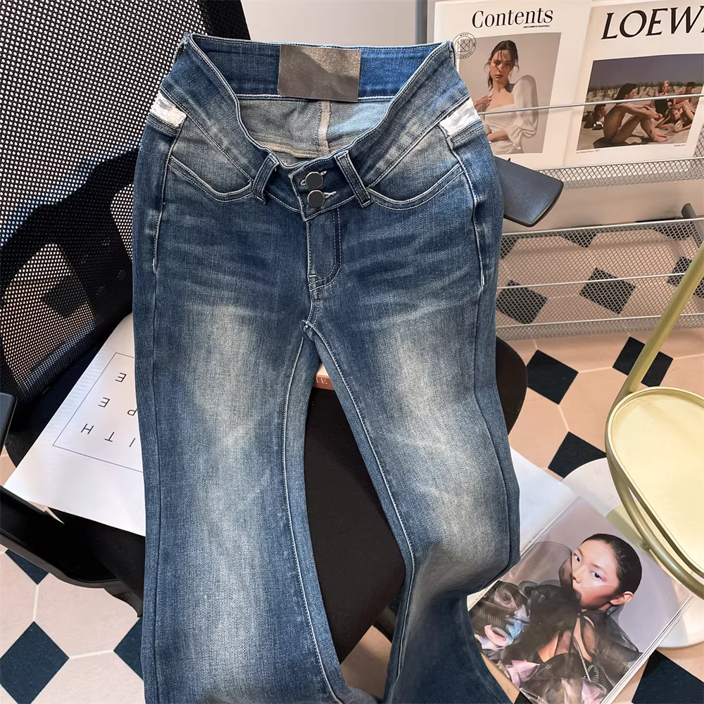 Quần ống loe cạp thấp kiểu Mỹ dành cho nữ, quần denim dáng thẳng ôm sát phối ren mùa xuân thu