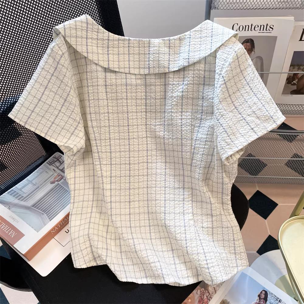 Áo sơ mi kẻ sọc cổ bồng kiểu cổ điển Pháp dành cho nữ, kiểu dáng ôm sát mùa hè, áo tay phồng chất liệu có vân dành cho công sở