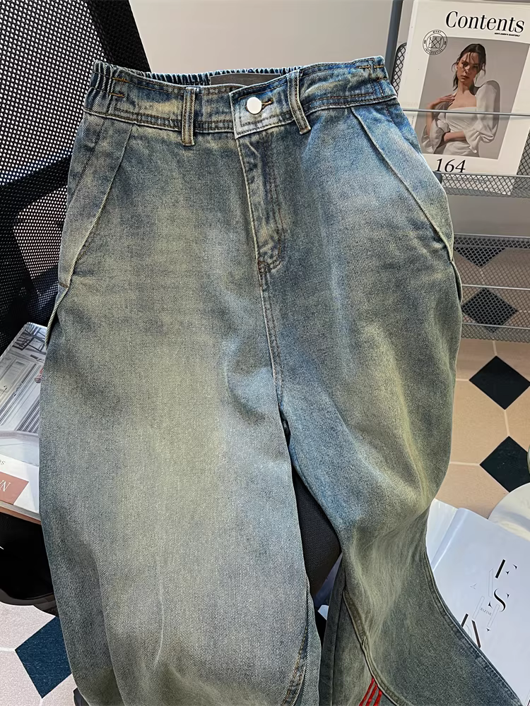 Quần jeans kiểu Mỹ, phối vải sọc, phong cách công nhân, dành cho nữ, mùa hè, ống rộng, cạp cao, size lớn, kiểu vintage, dài chạm sàn
