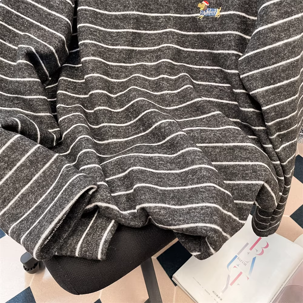 Áo thun lót lông cừu dày dặn phong cách Hàn Quốc dành cho nữ, áo dài tay thêu sọc phối màu mùa thu đông.