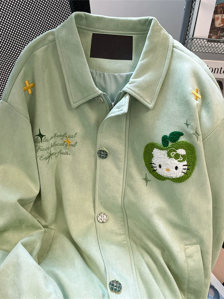 Áo khoác thêu hình mèo kitty dễ thương kiểu Hàn Quốc dành cho nữ, áo khoác da lộn phong cách cổ điển ngọt ngào mùa thu đông