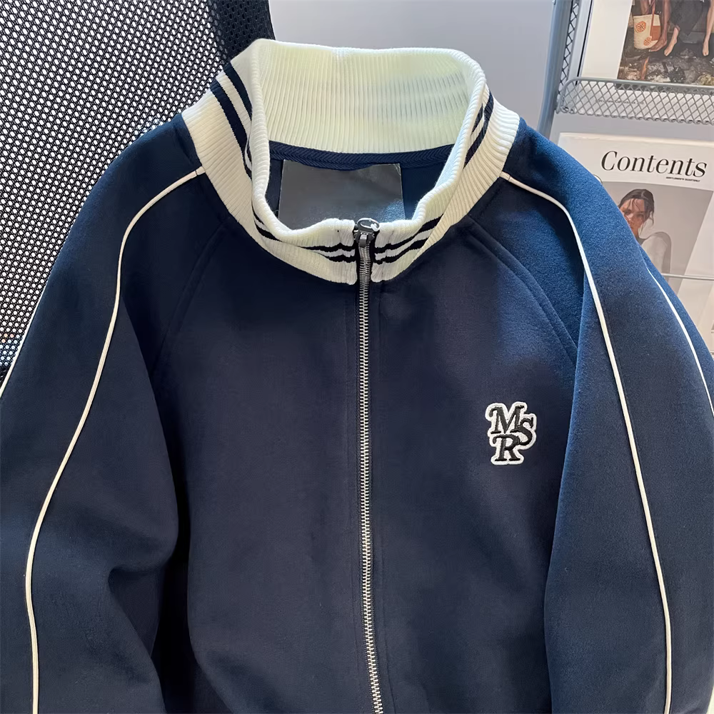 Áo khoác bóng chày sọc thêu theo phong cách Mỹ đầu thu dành cho nữ, áo khoác công sở dáng rộng, áo khoác cardigan kiểu áo len.