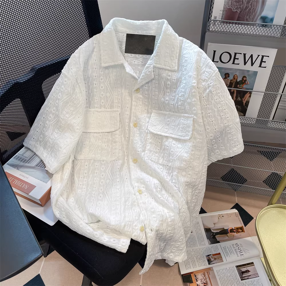 Áo sơ mi trắng cổ Cuba thiết kế cao cấp, kiểu dáng khoét lỗ, tay ngắn mùa hè dành cho nữ, phong cách Hồng Kông, áo khoác bảo vệ nắng, kiểu áo công sở