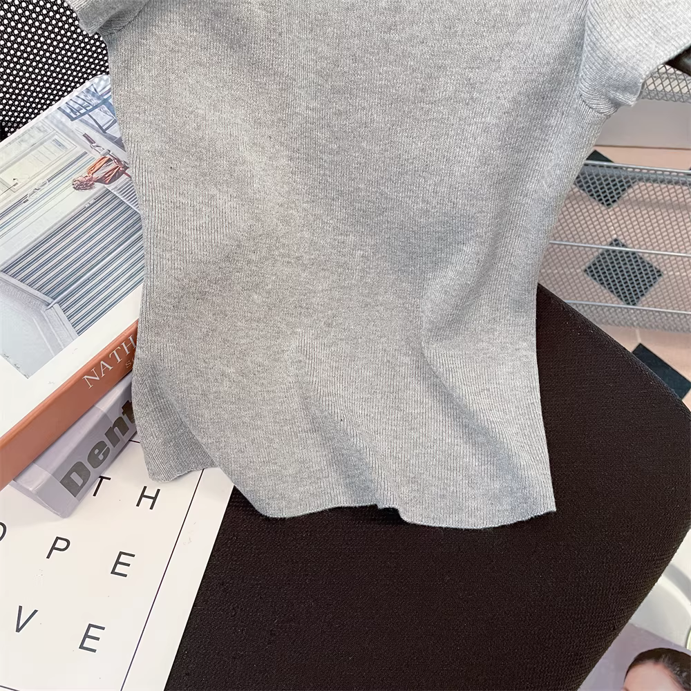 Áo dệt kim thắt nơ thanh lịch kiểu Pháp dành cho nữ, áo thun ngắn tay ôm sát vai thường ngày mùa hè