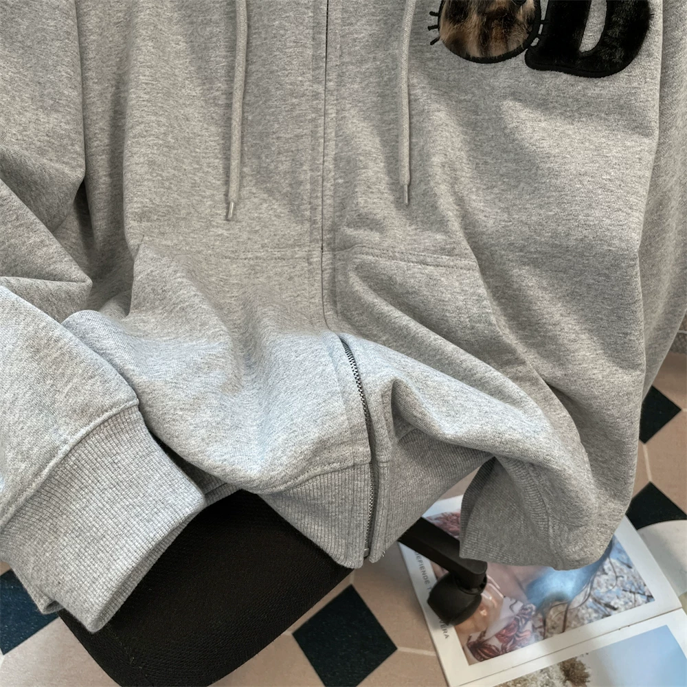 Áo len thêu họa tiết da báo cao cấp dành cho nữ, mùa thu đông phong cách Mỹ, áo khoác cardigan có mũ trùm đầu phong cách Hong Kong sang trọng
