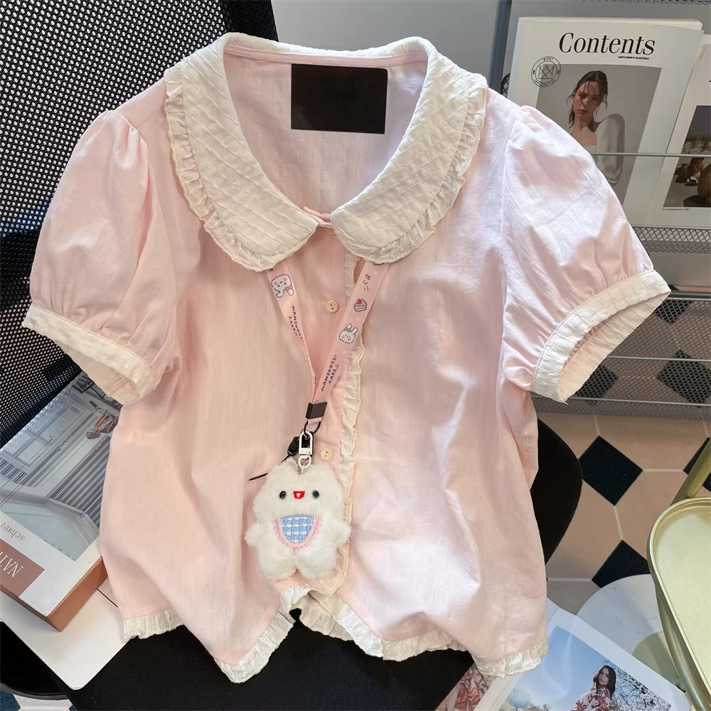 Áo sơ mi cổ búp bê nhỏ nhắn ngọt ngào và dễ thương phong cách Nhật Bản dành cho nữ, phong cách mềm mại và nữ tính mùa hè, áo ngắn hợp thời trang và trẻ trung