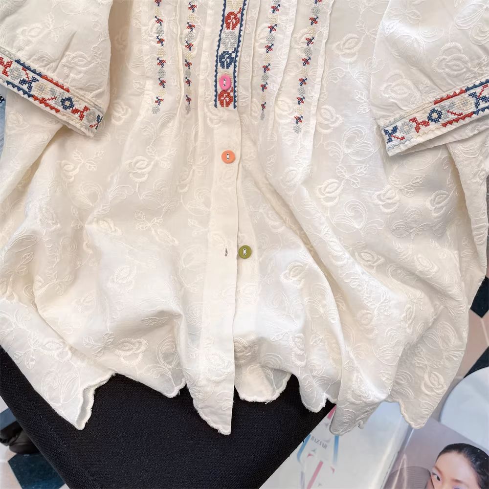 Áo sơ mi ren thêu nặng kiểu dân tộc cổ điển dành cho nữ, mẫu mới hè 2025, phong cách Pháp thanh lịch, đẹp, tay ngắn