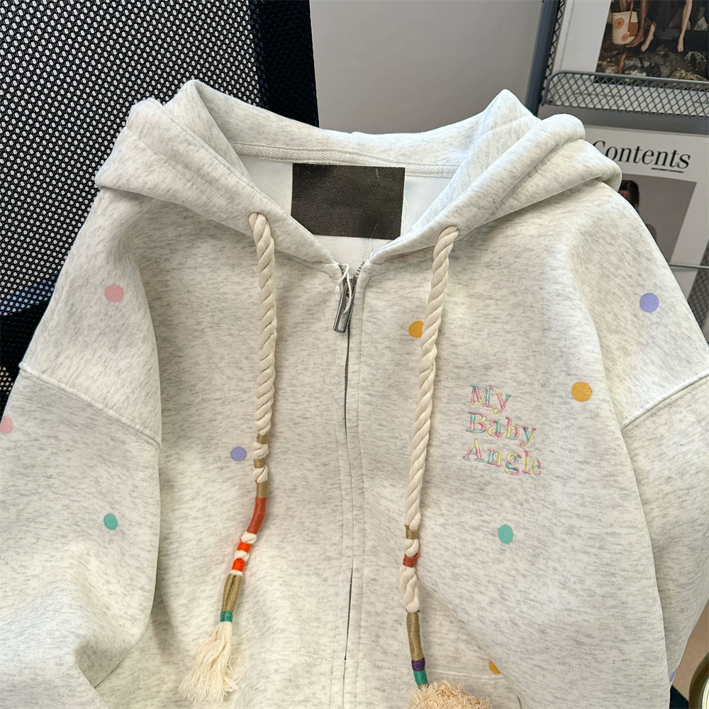 Áo len cardigan họa tiết chấm bi đầy màu sắc phong cách đại học Hàn Quốc dành cho nữ, áo khoác có mũ trùm đầu kiểu Mỹ dáng rộng mùa thu