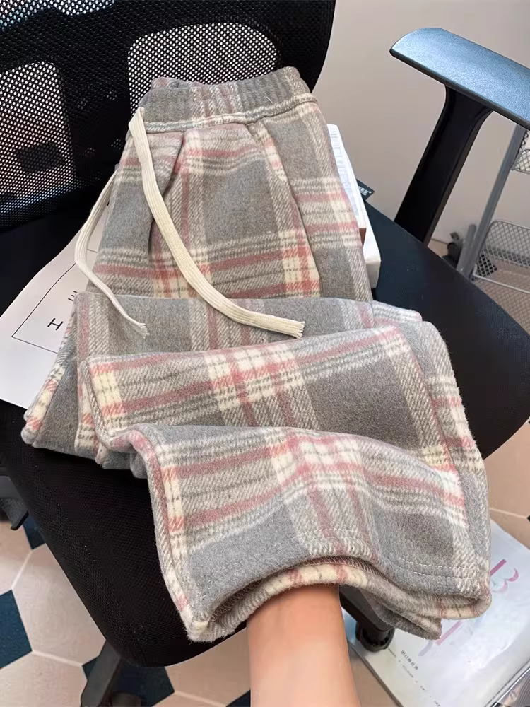Quần ống rộng kẻ sọc len kiểu Hàn Quốc siêu đẹp dành cho nữ, đa năng cho mùa thu đông, phong cách lười biếng, quần đi bộ ống thẳng mềm mại.