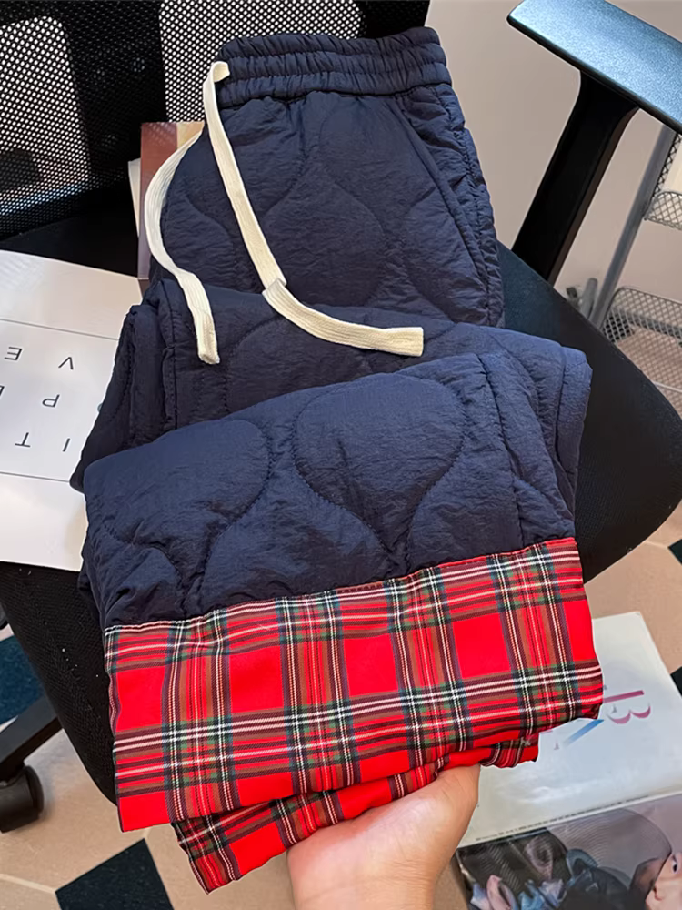 Quần cotton dày dặn kiểu Mỹ phối họa tiết kẻ sọc thời thượng dành cho nữ, thiết kế thu đông, quần dài ống rộng chống lạnh.