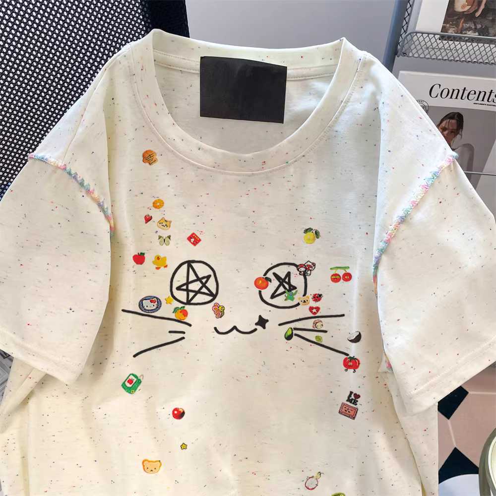 Áo thun cotton nguyên chất hoạt hình nhỏ dễ thương dành cho nữ, phong cách Hàn Quốc mùa hè, áo thun ngắn tay độc đáo và giản dị