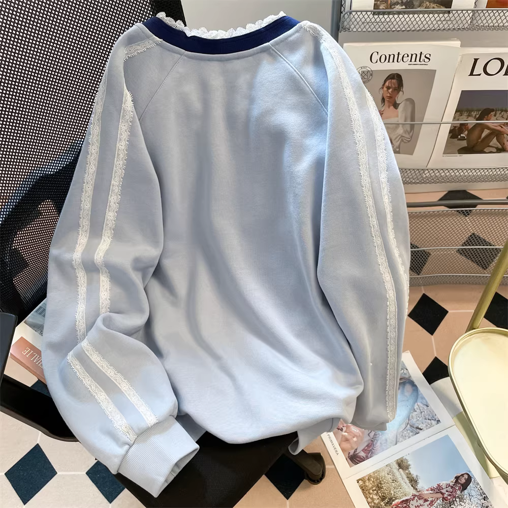 Áo len nữ cổ chữ V phong cách Hàn Quốc phối ren tương phản màu sắc mùa thu đông 2025 mới, kiểu dáng thể thao, dài tay, chất liệu thun