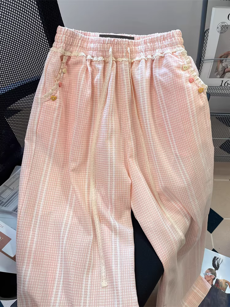 Quần ống đứng kẻ sọc mỏng màu hồng viền ren dành cho nữ, kiểu dáng rộng rãi, thoải mái, ống hẹp với hiệu ứng xếp nếp, quần dài chạm sàn