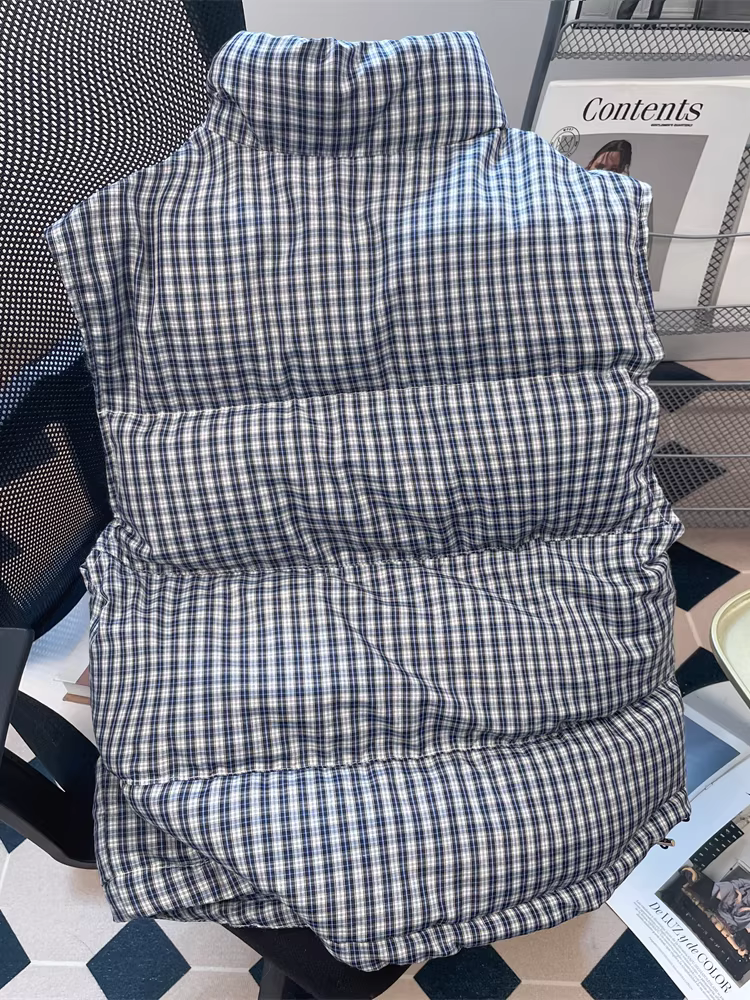 Áo khoác vest không tay kẻ sọc kiểu Mỹ dành cho nữ, thiết kế thu đông, áo khoác cotton cổ đứng độc đáo.