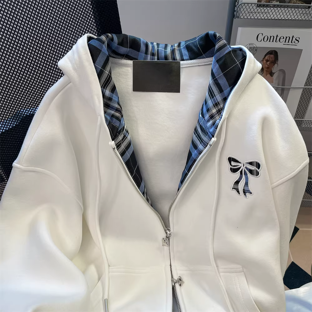 Áo len có mũ trùm đầu kiểu Hàn Quốc kiểu dáng lười biếng dành cho nữ, thiết kế mùa thu đa năng với áo khoác có khóa kéo đôi độc đáo