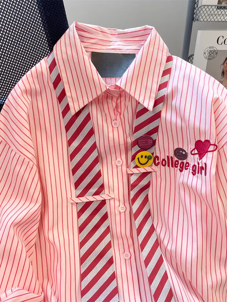 Áo sơ mi kẻ sọc phong cách preppy ngọt ngào Hàn Quốc dành cho nữ, mẫu mới xuân/thu 2025 màu hồng độc đáo, áo khoác ngoài độc lạ