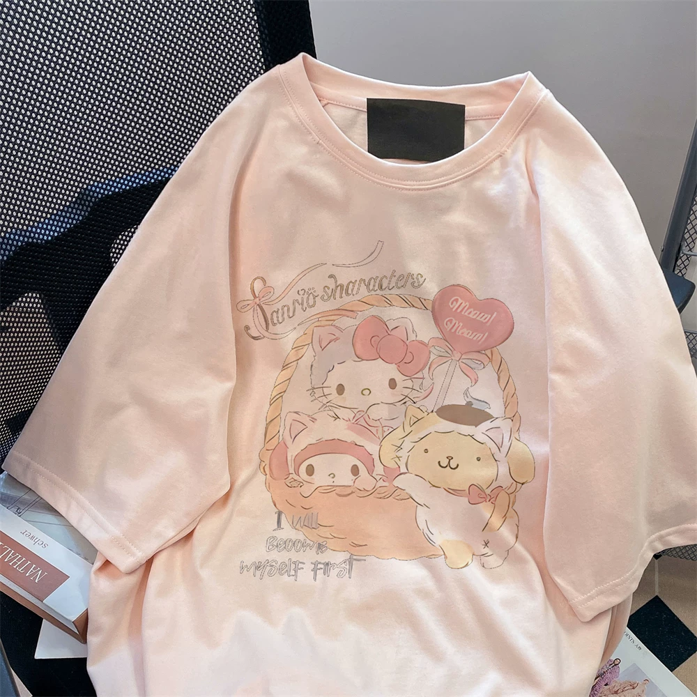 Áo thun ngắn tay màu hồng dễ thương bằng cotton nguyên chất dành cho nữ trong mùa hè, kiểu dáng cổ điển rộng rãi, áo nửa tay trẻ trung và hợp thời trang.