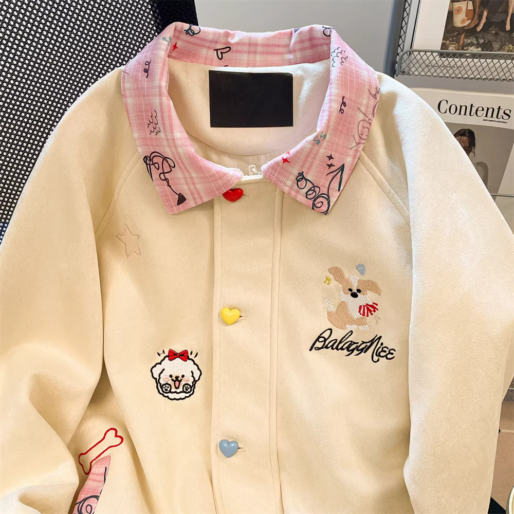 Áo khoác bóng chày thêu hình chó con bằng da lộn kiểu Mỹ dành cho nữ, áo khoác đa năng độc đáo dành cho cặp đôi mùa thu