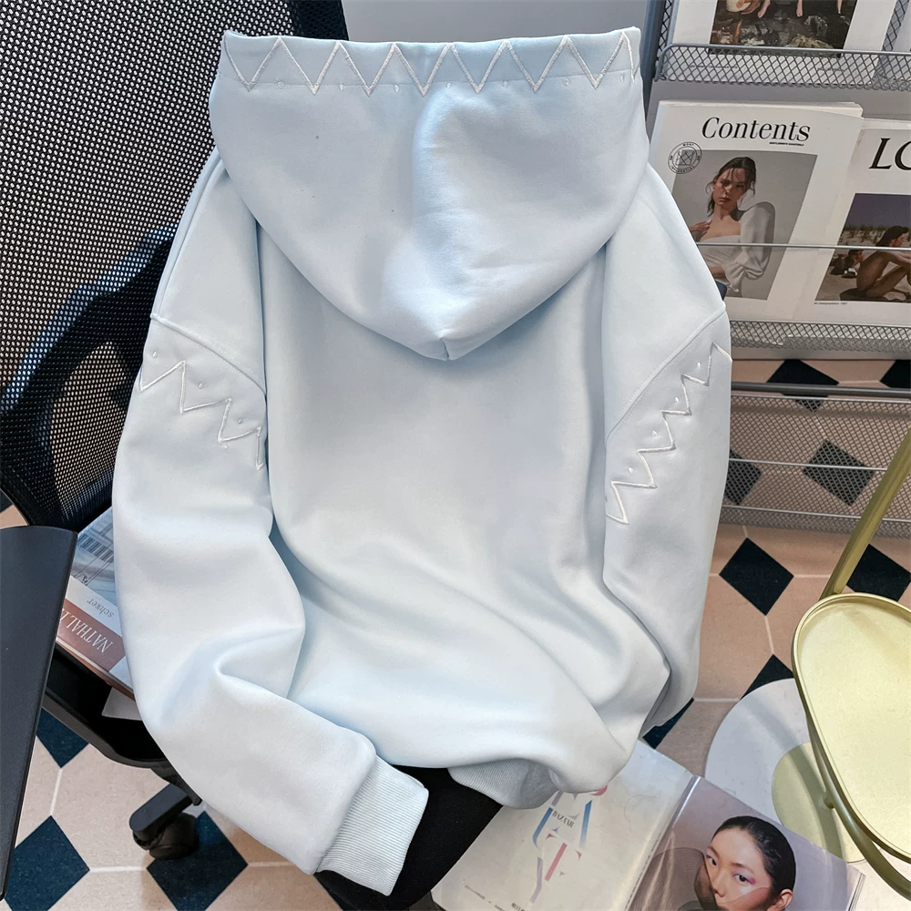 Áo len lông cừu thêu nặng kiểu Hàn Quốc dành cho nữ, áo khoác có mũ trùm đầu phong cách đại học mùa xuân cổ điển dễ thương