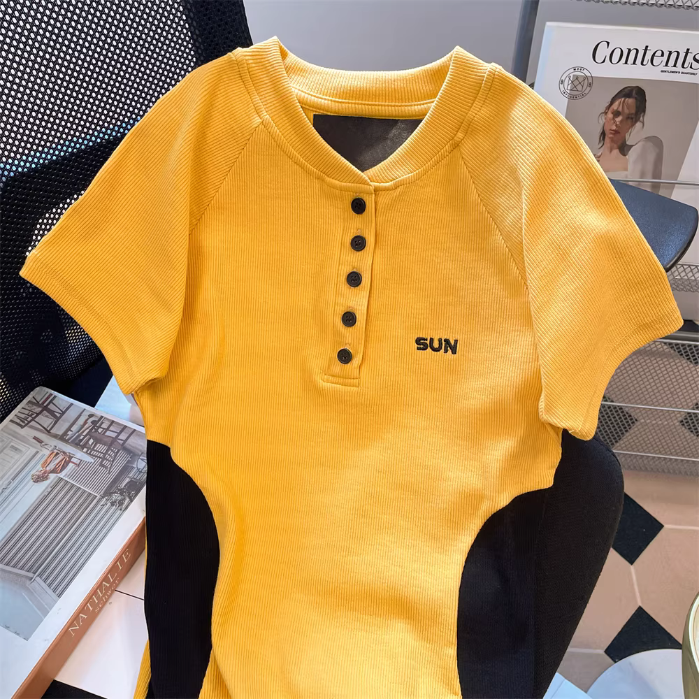 Áo thun ngắn tay thiết kế dopamine màu vàng dành cho nữ, dáng ôm mùa hè, áo ngắn phối màu cao cấp