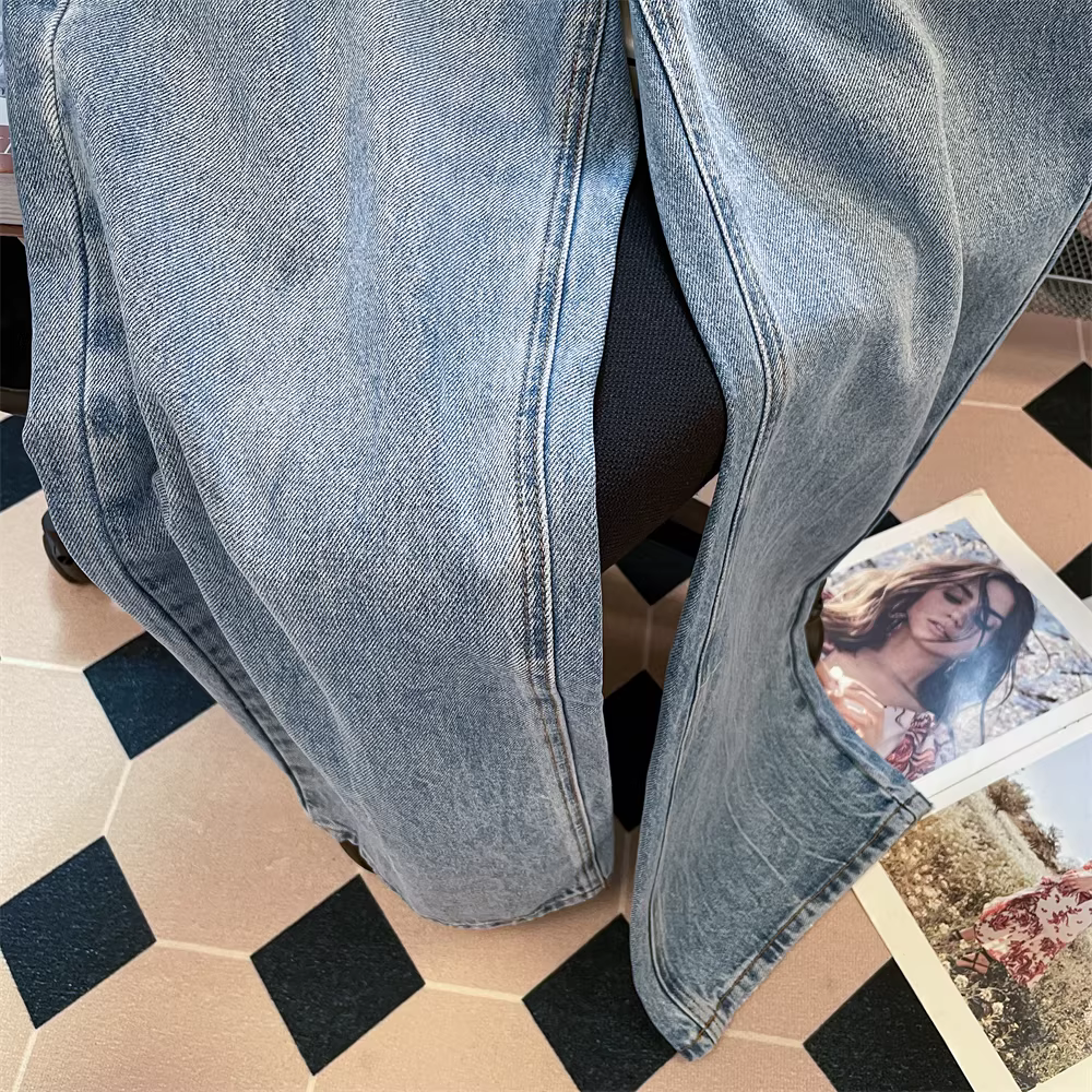 Quần jean nữ đính đá phong cách Hàn Quốc, kiểu dáng mèo Kitty, mùa thu, phong cách retro Mỹ, dáng thẳng rộng, size nhỏ nhắn