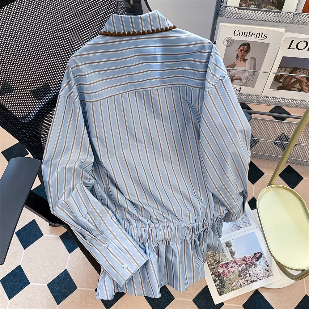 Áo sơ mi sọc xanh kiểu Pháp dành cho nữ, mùa xuân thu, áo sơ mi dài tay cao cấp, sang trọng, độc đáo và độc đáo