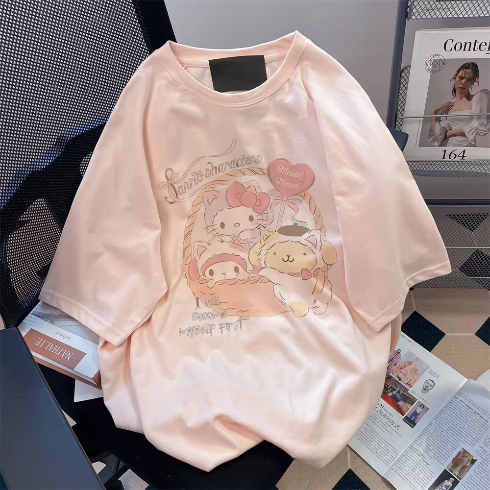 Áo thun ngắn tay màu hồng dễ thương bằng cotton nguyên chất dành cho nữ trong mùa hè, kiểu dáng cổ điển rộng rãi, áo nửa tay trẻ trung và hợp thời trang.